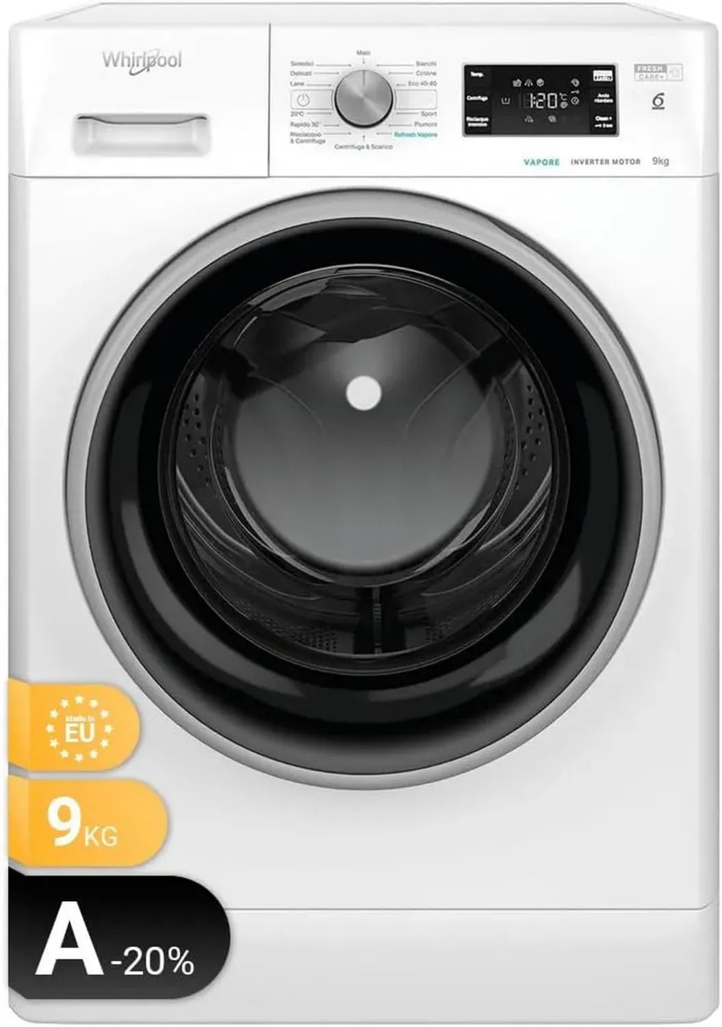 Lavatrice a Carica Frontale Whirlpool 9 kg, 1400 Giri con Funzione Vapore e Tecnologia 6° SENSO, Classe A-20%