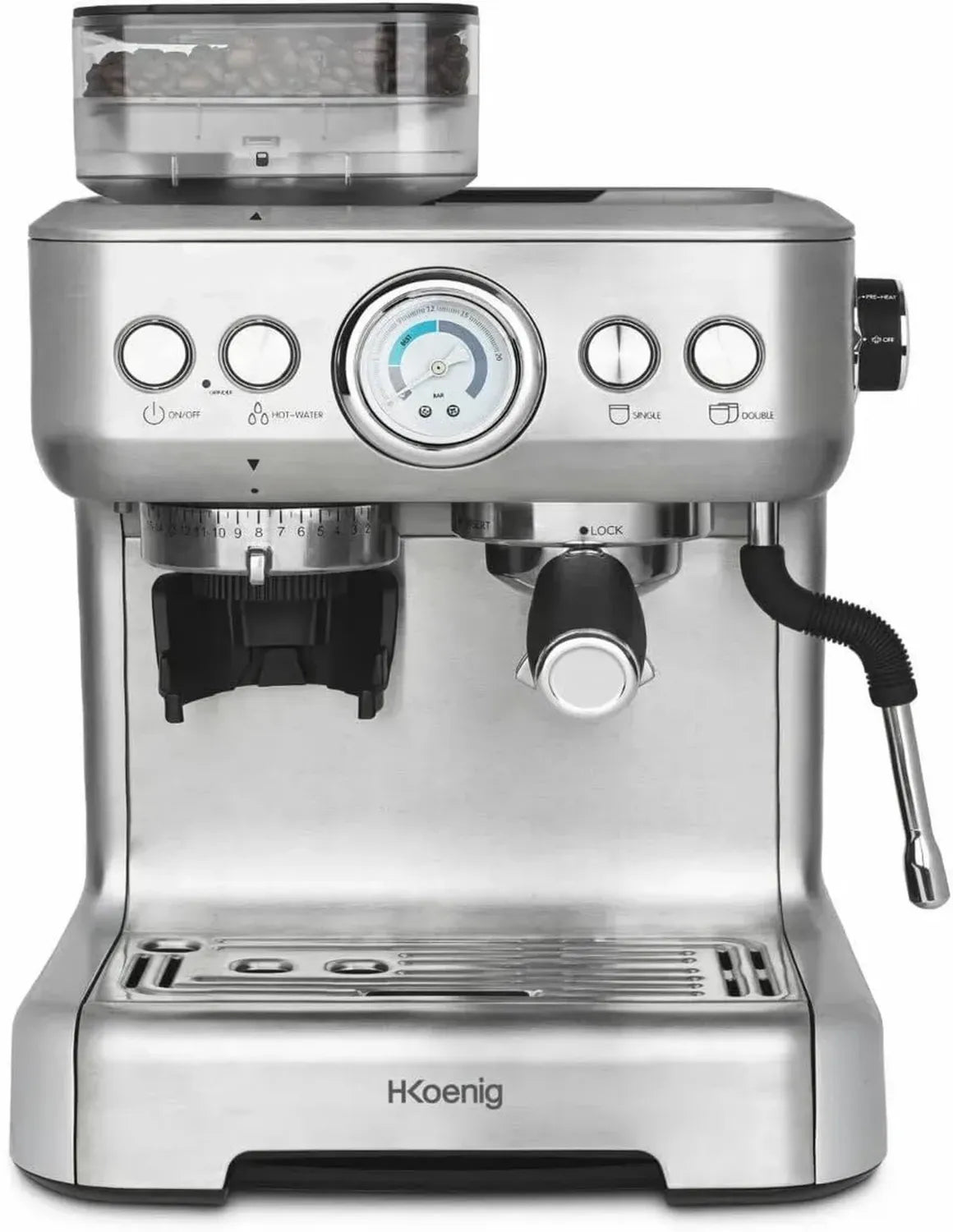 Macchina da Caffè Espresso H.Koenig EXPRO980 con Macinacaffè Integrato, Serbatoio 2,7L, 15 Livelli di Macinatura, Pompa Italiana, Dosaggio per 1 o 2 Tazze, Pressione 20 Bar