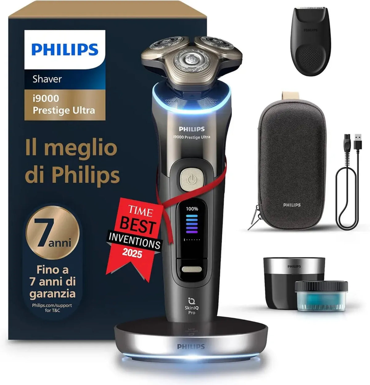Philips Shaver Prestige Ultra i9000, rasoio elettrico con tecnologia avanzata, rasatura Wet & Dry, sistema Lift & Cut, lame di precisione 360°, 5 modalità, modello XP9405/31