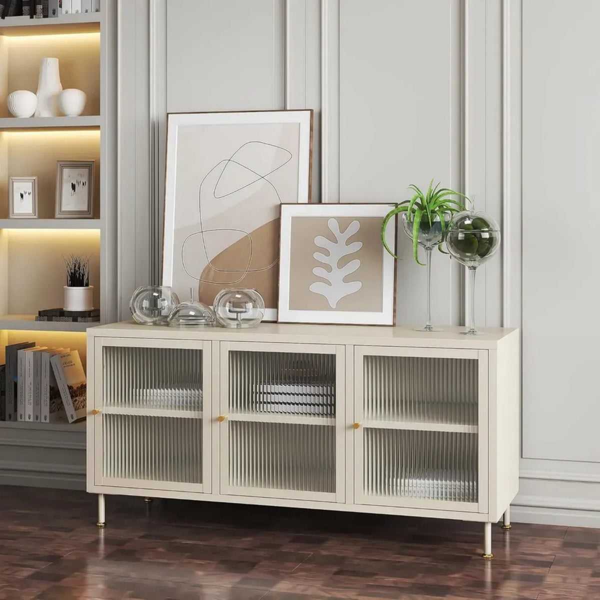 Mobile TV in Acciaio con Ante in Vetro Scalanato, Colore Crema 120x40x59 cm