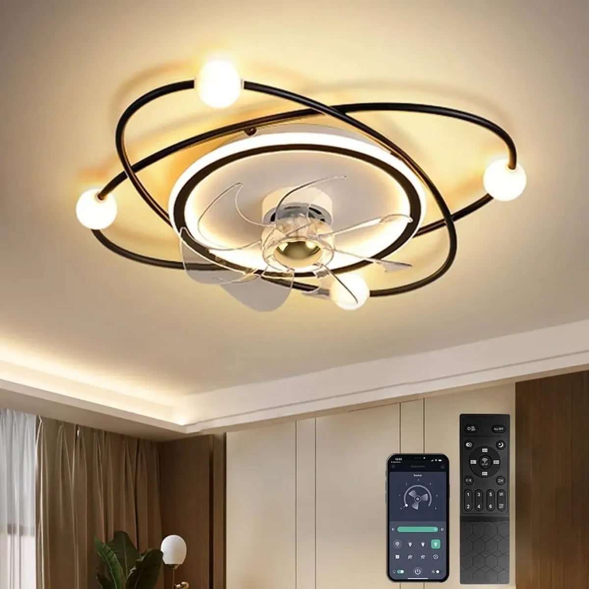 Lampadario Ventilatore LED Dimmerabile 58CM con Timer, 48W Ventilatore Moderno per Soggiorno e Camera da Letto, Colore Nero