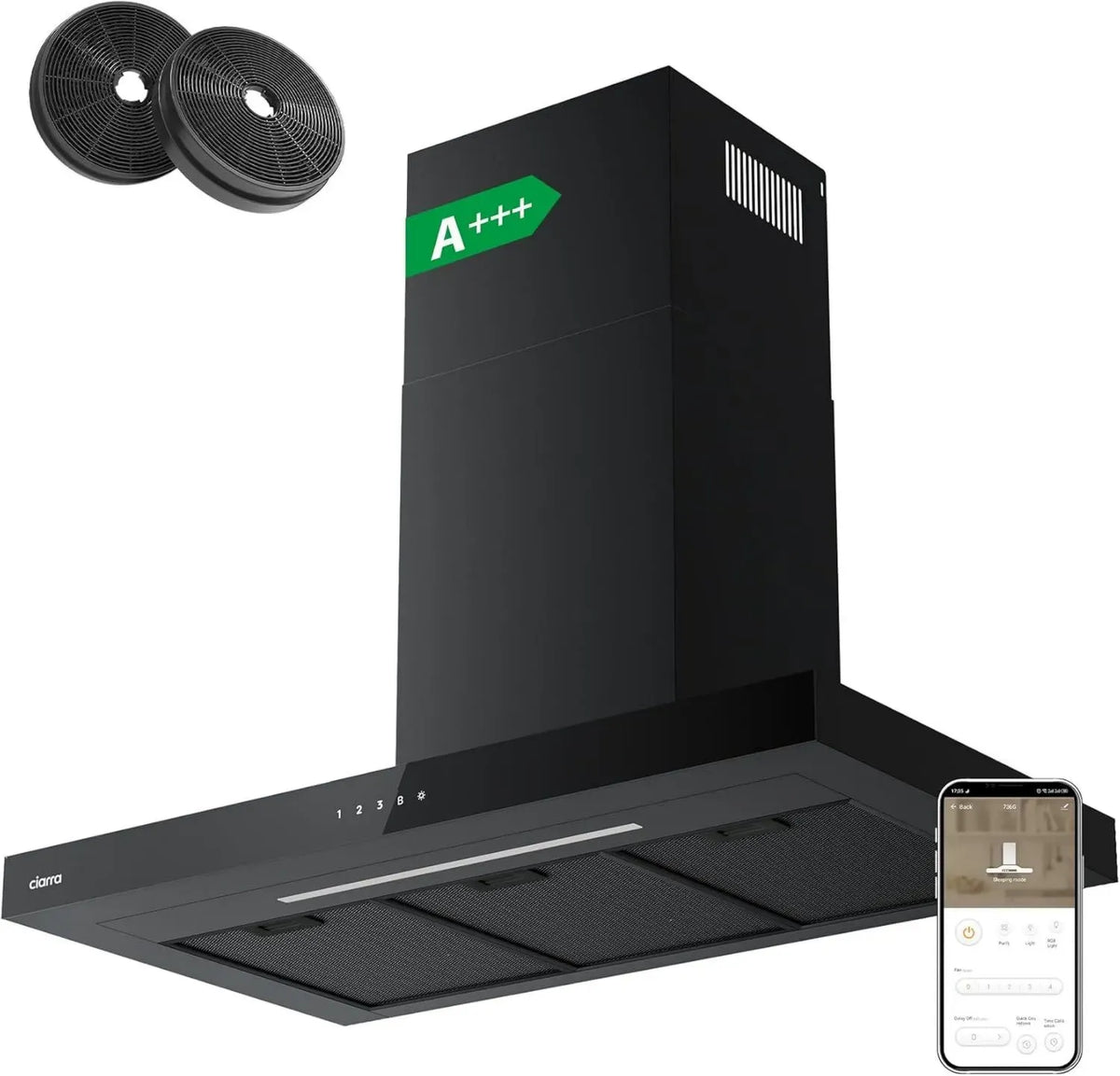 Cappa da Cucina CIARRA 90 cm, 650m³/h, Controllo Wi-Fi e Touch, 4 Velocità con Booster, Filtro a Carbone, Nero Moderno