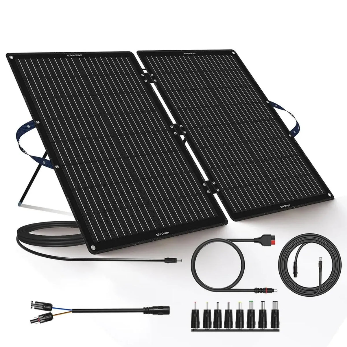Pannello solare pieghevole 100W con cavalletto regolabile e connettori DC multipli