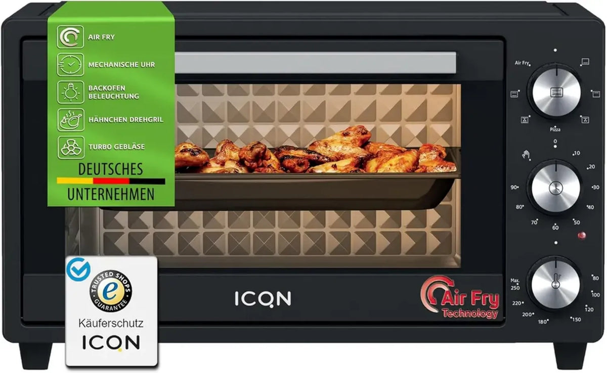 Mini Forno Elettrico 20L Nero con Airfry, 1500W, 5 Funzioni, Timer 90 Minuti, 40°-250°C