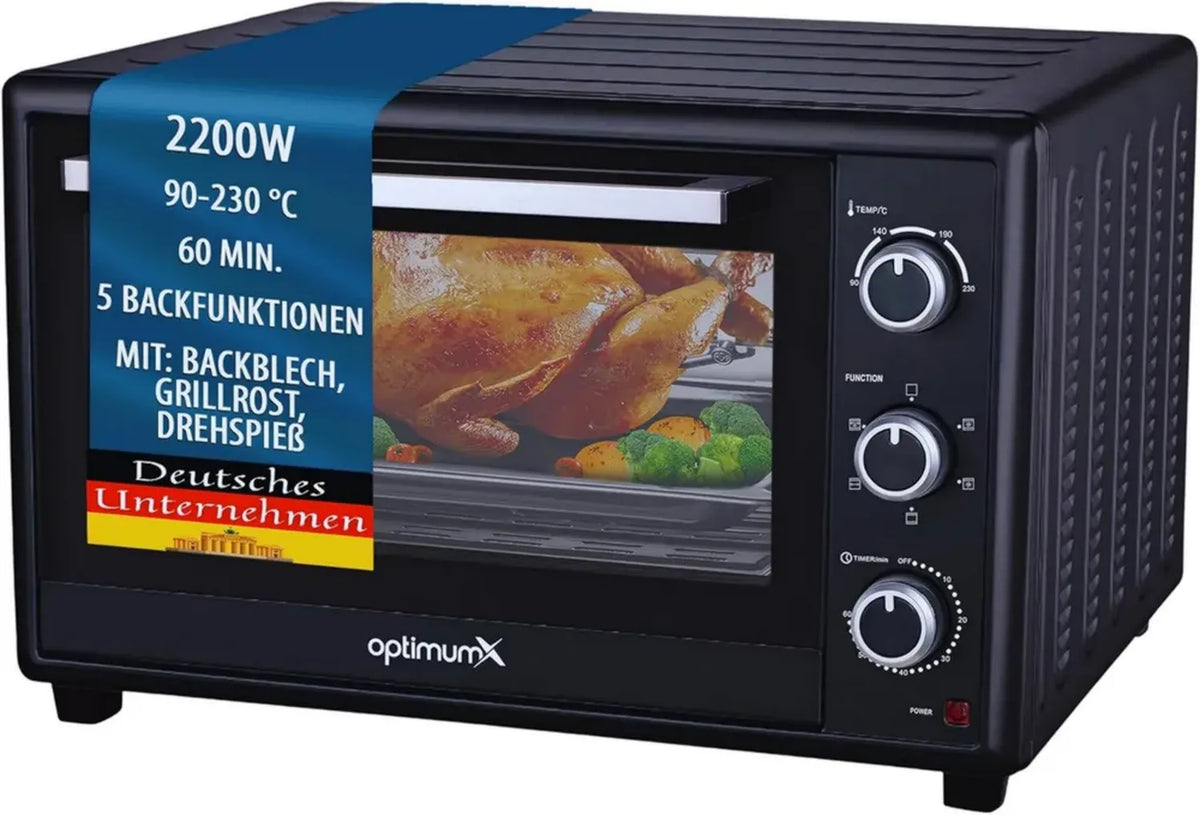 Forno Elettrico 60L XXL Ventilato, 2200W, con Girarrosto e Termostato Regolabile, Nero