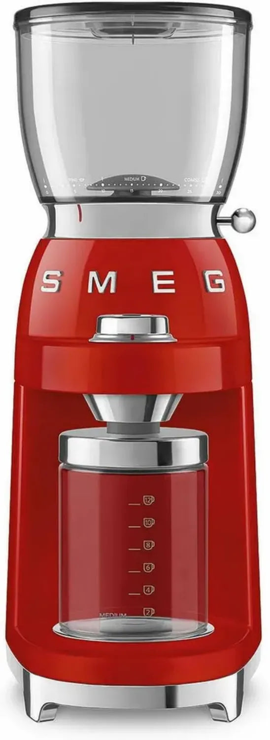 Smeg Macinacaffè Rosso 150W, Regolazione Fino a 30 Step, Capacità 350g, Sistema Antistatico