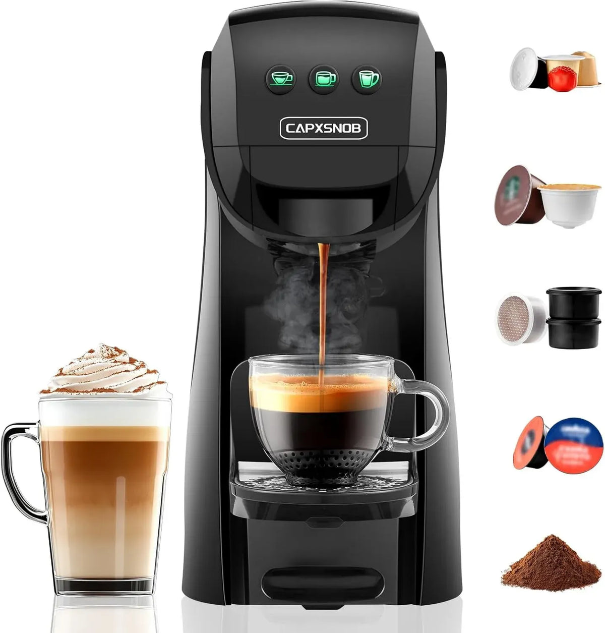 Macchina da Caffè a Capsule 5 in 1 Multifunzionale Compatibile con Nespresso, Lavazza e Dolce Gusto, 20 Bar, 0,8 L, Compatta e Regolabile per Casa e Ufficio