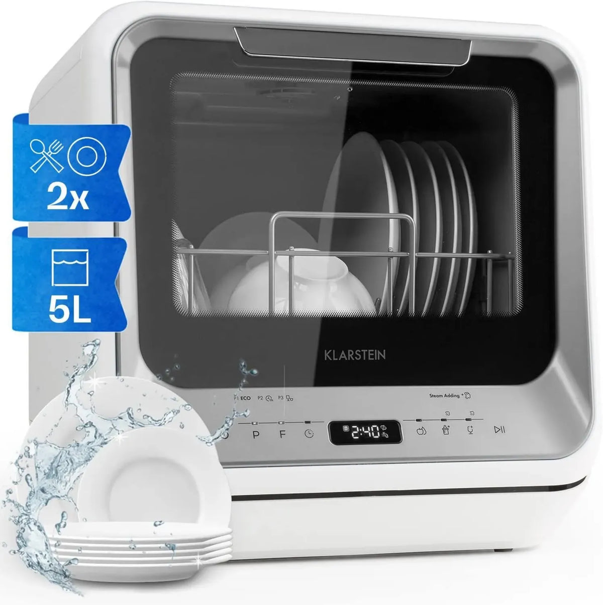 Klarstein Amazonia - Lavastoviglie Compatta con 6 Programmi, Efficienza Energetica, Display LED, Controllo Touch, Perfetta per Viaggi e Campeggio, Argento