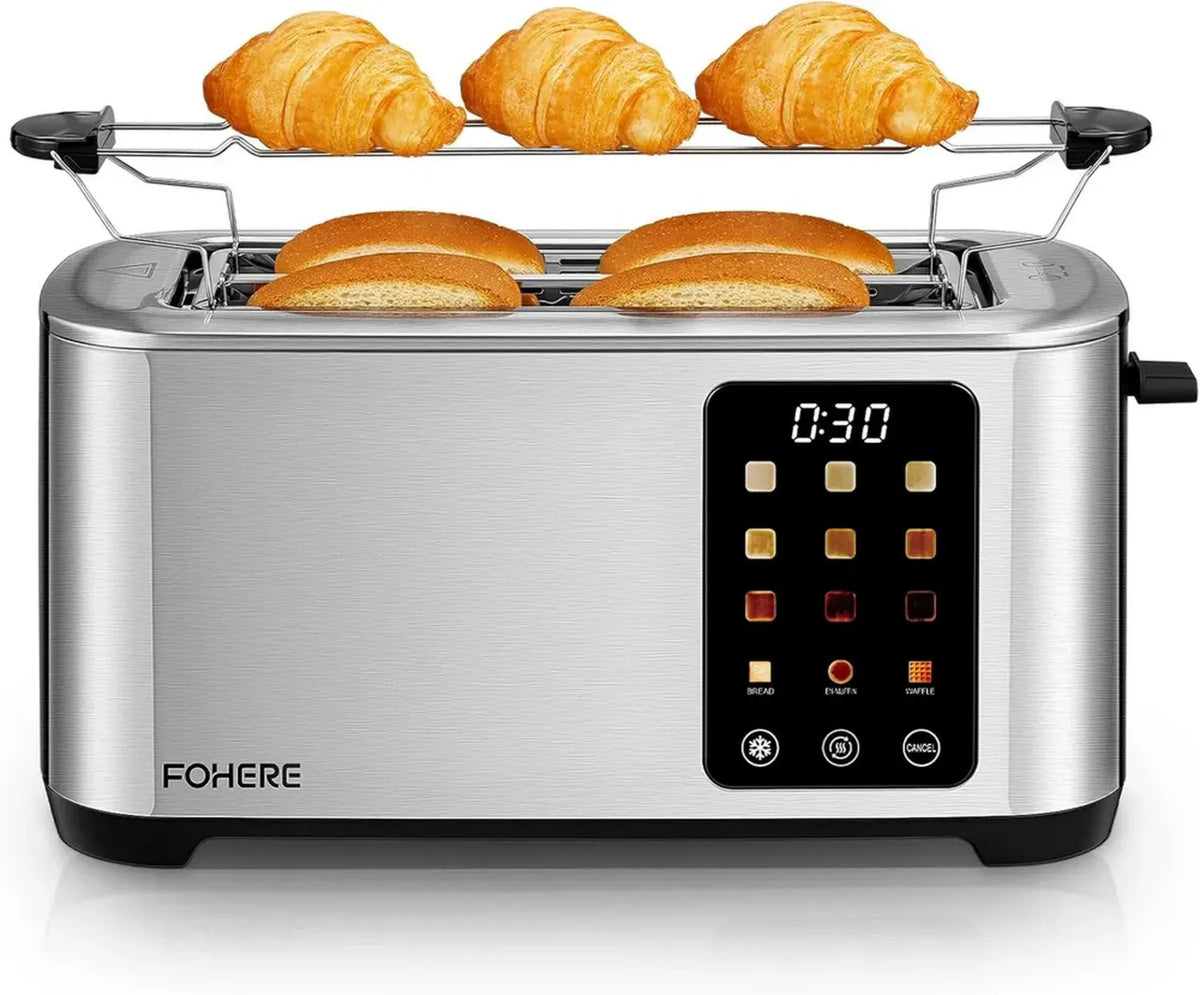 Tostapane 4 Fette con Display Touch, Ampie Fessure e 9 Livelli di Doratura, Acciaio Inossidabile, Vassoio Rimovibile, Funzioni di Scongelamento e Riscaldamento