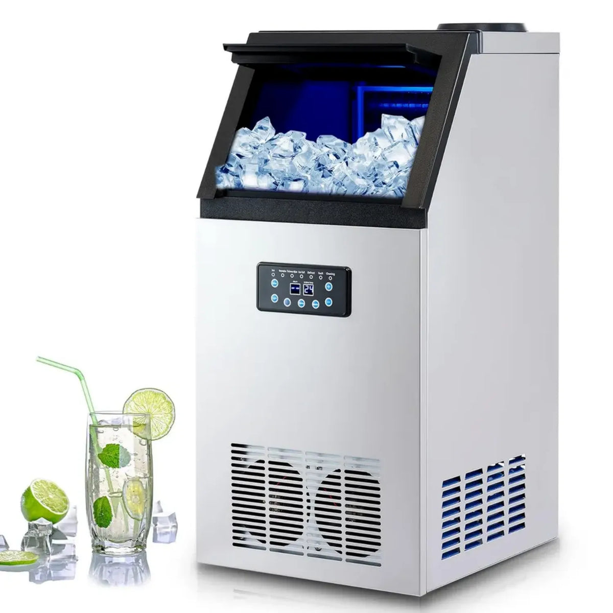 Macchina per Ghiaccio 480W in Acciaio Inossidabile con Schermo LCD, Produzione 59kg/24h, Ideale per Casa e Ristoranti