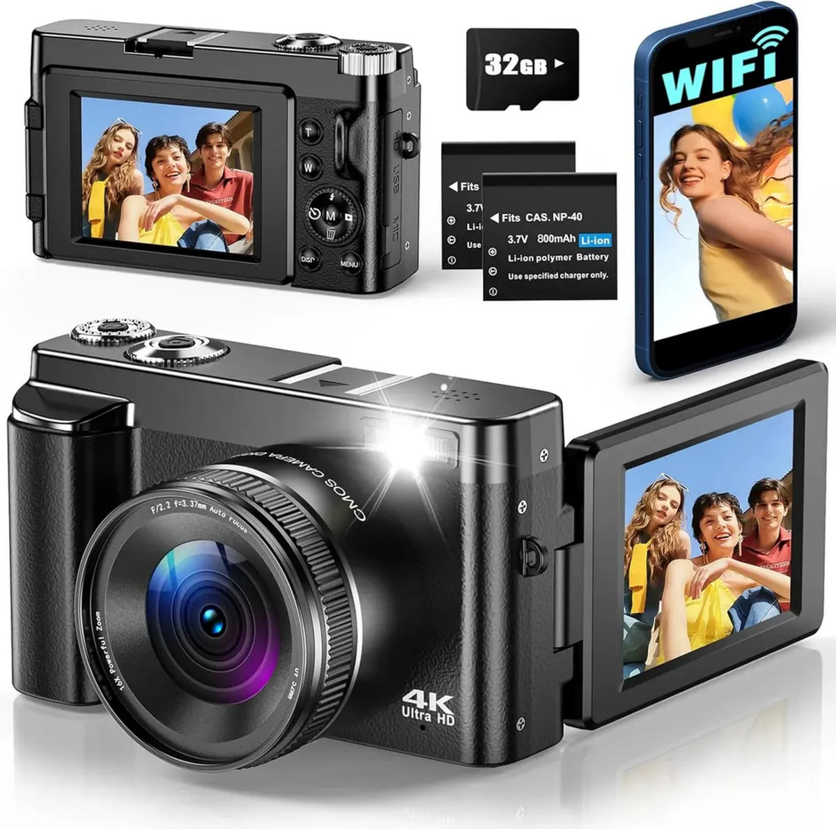 Fotocamera Digitale 4K 64MP con WiFi per Vlog, Schermo Ribaltabile, Zoom 16X, Autofocus, Stabilizzazione, Scheda 32GB, Doppia Batteria
