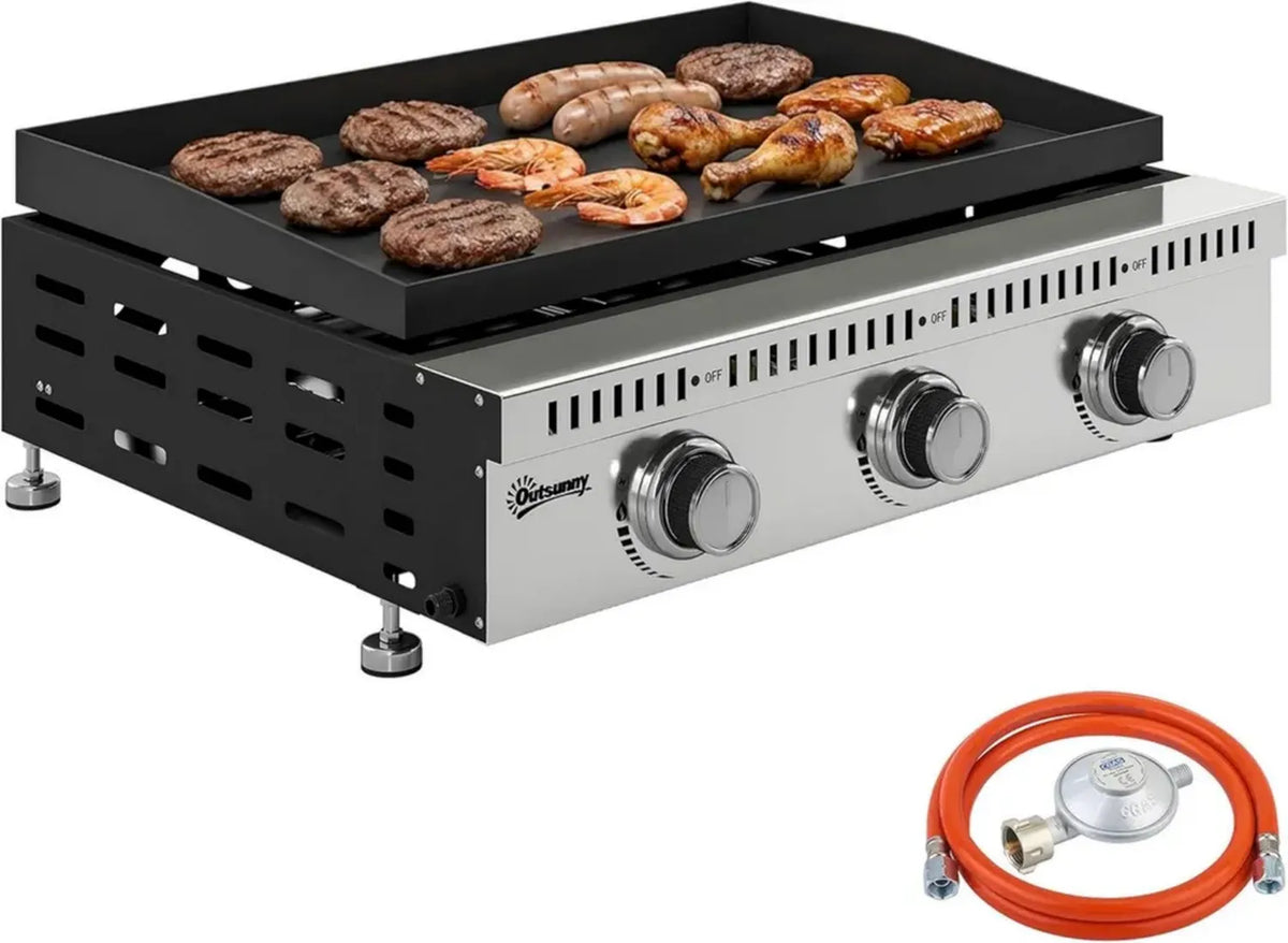 Griglia a Gas Portatile in Acciaio Inox con 3 Bruciatori da 9 KW, BBQ con Raccogli Grasso e Regolatore per Giardino e Campeggio