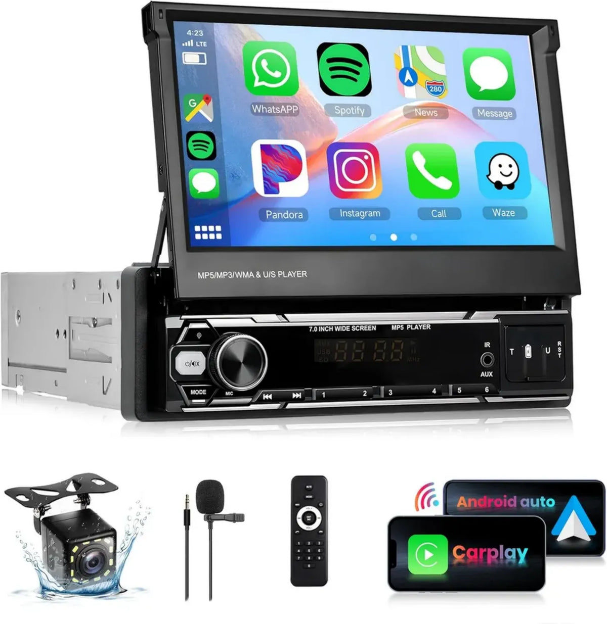 Autoradio 1 Din con Carplay e Android Auto, Schermo 7' Ribaltabile, Bluetooth e GPS, Compatibile con Mirror Link e Telecamera