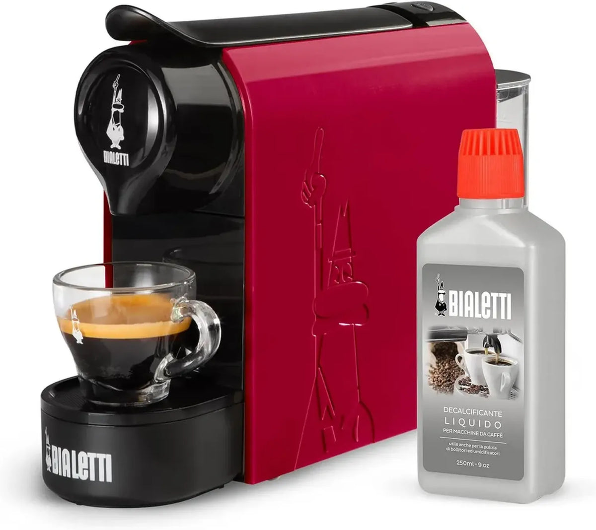 Bialetti Gioia Macchina Espresso Capsule in Alluminio Caffè d'Italia, Compatta, Rossa + Decalcificante, Accessori per Caffè