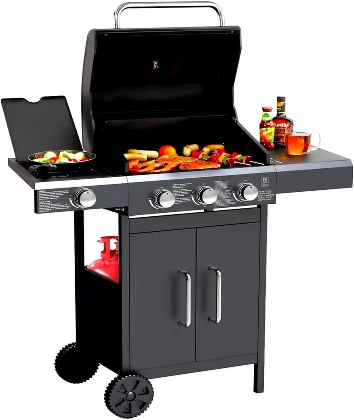 Griglia a Gas GPL 3 Fuochi con Fornello Laterale e Termometro - BBQ Portatile per Giardino