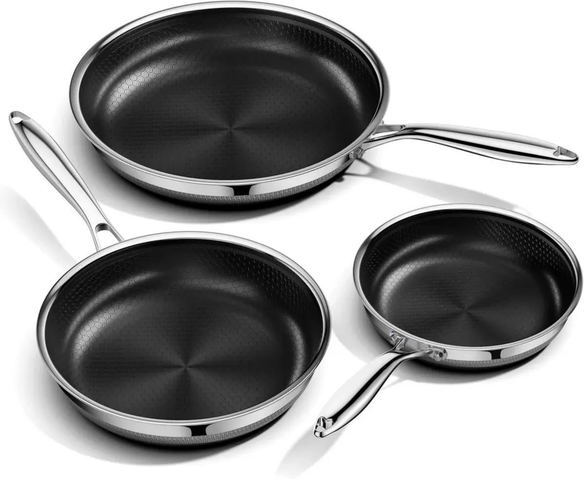 Set di Padelle Antiaderenti in Acciaio Inox, 20/24/28 cm, 3 Pezzi, Rivestimento Resistente ai Graffi, Compatibili con Forno e Induzione, Senza PFOA