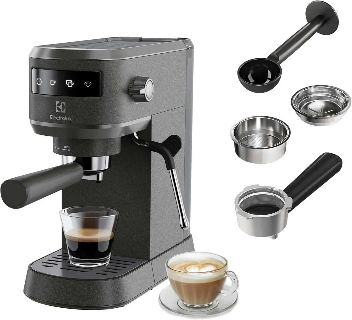Macchina per Caffè Espresso e Cappuccino Electrolux Explore 6, Dual Tazza, ThermoBlock, Filtro 2-in-1, Compatibile con Polvere e Cialde, Nero