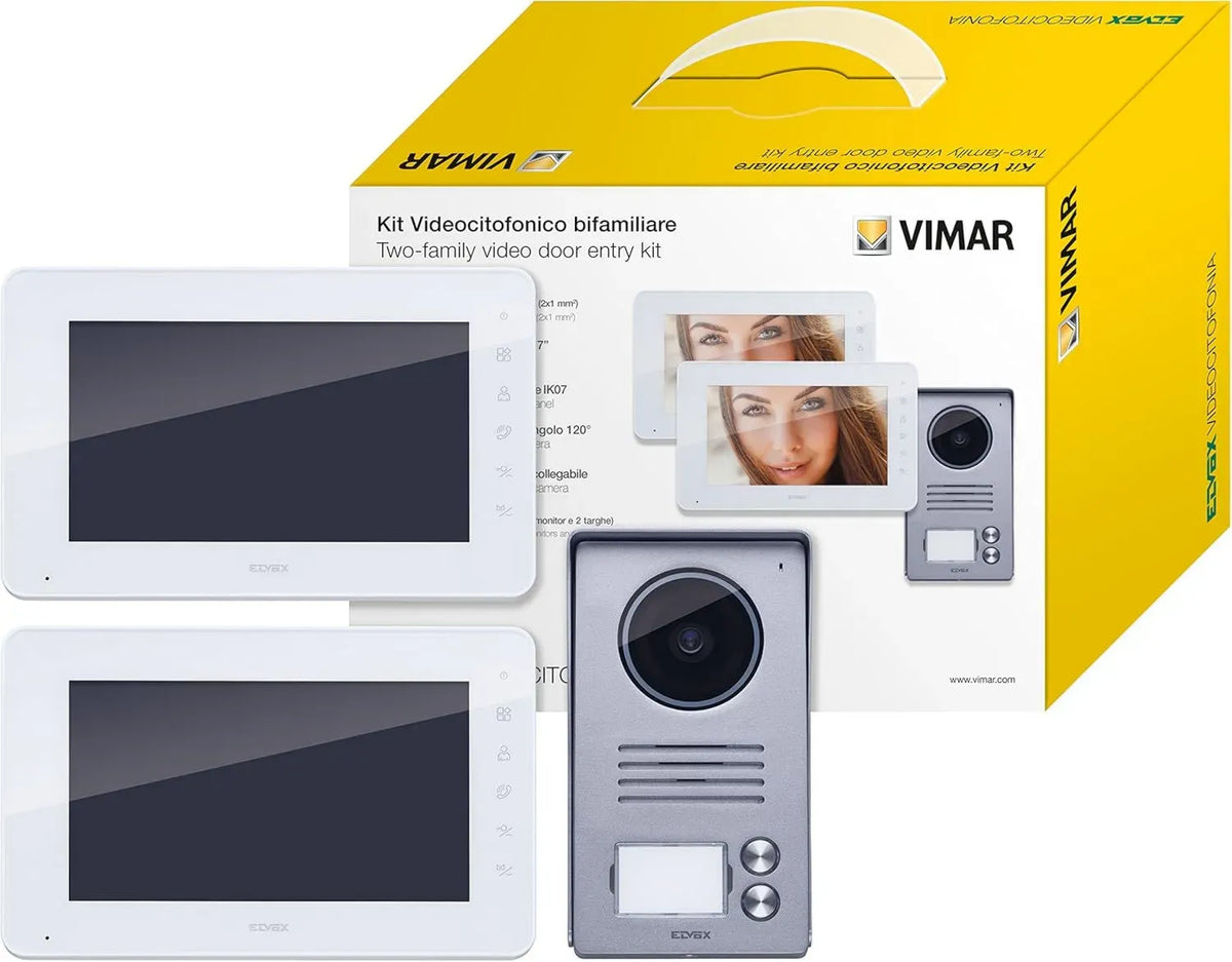 Vimar K40911 Videocitofono Bifamiliare con Sensore di Movimento, Bianco/Grigio, Alimentatori Inclusi