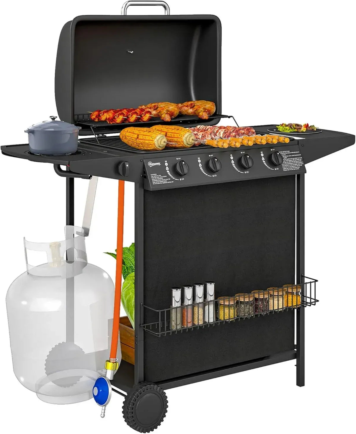Griglia a Gas Outsunny 4+1 Bruciatori con Accessori Completi, Nero