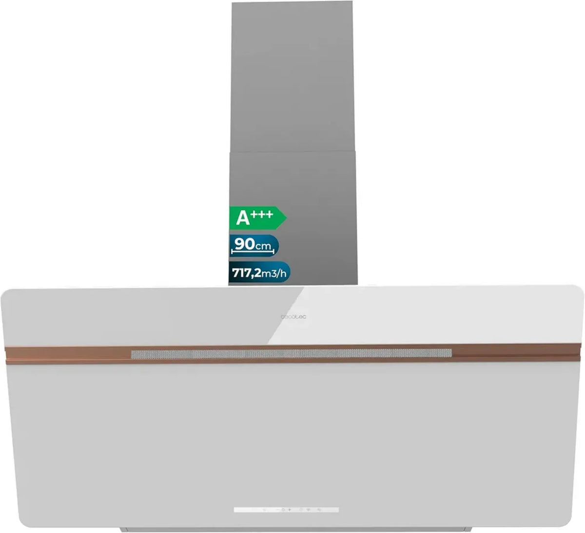 Cappa Decorativa 90 cm Bianco Opaco Cecotec Bolero Flux, Funzione Booster, 717,2 m³/h, Dettagli Rame, Filtri in Alluminio