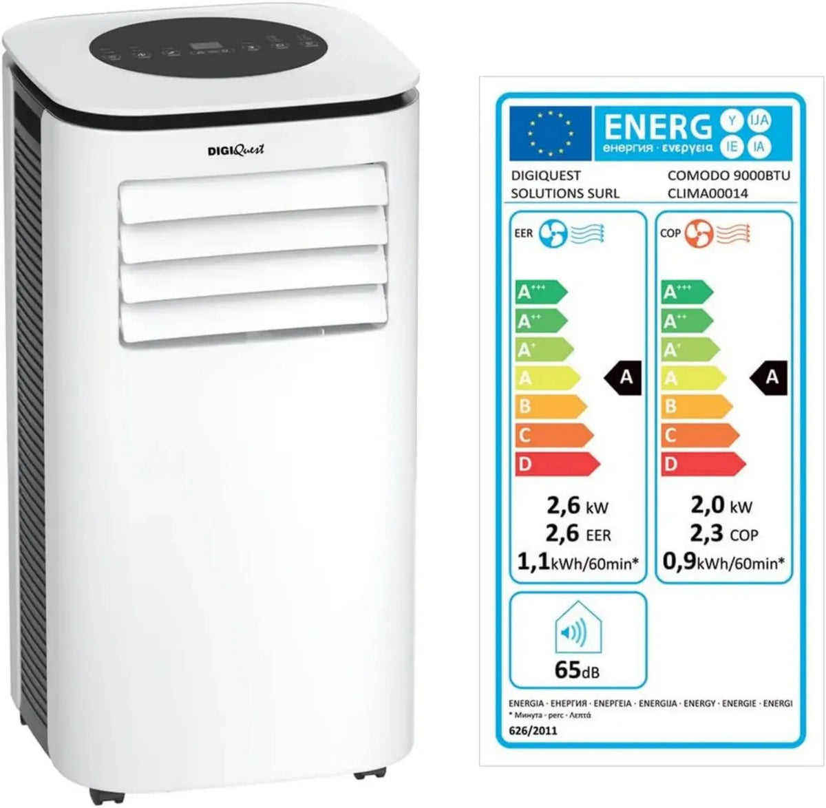 Climatizzatore Portatile DIGIQUEST 4 in 1, 9000 BTU, Funzioni Multiple, Classe A