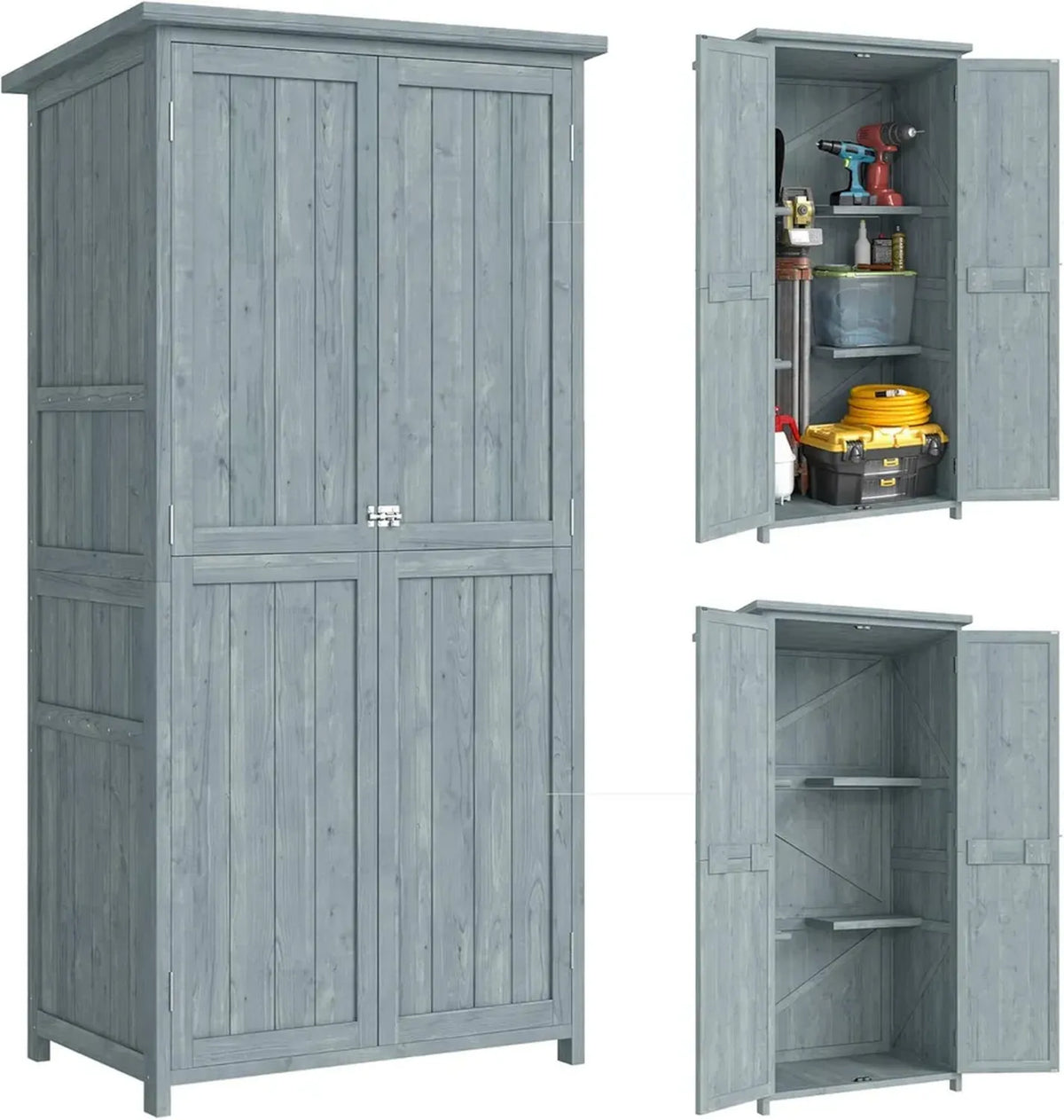 Outsunny Armadio da Esterno in Legno con Ripiani e Ganci, 2 Ante Bloccabili, Tetto Impermeabile, Grigio 85x54x170 cm