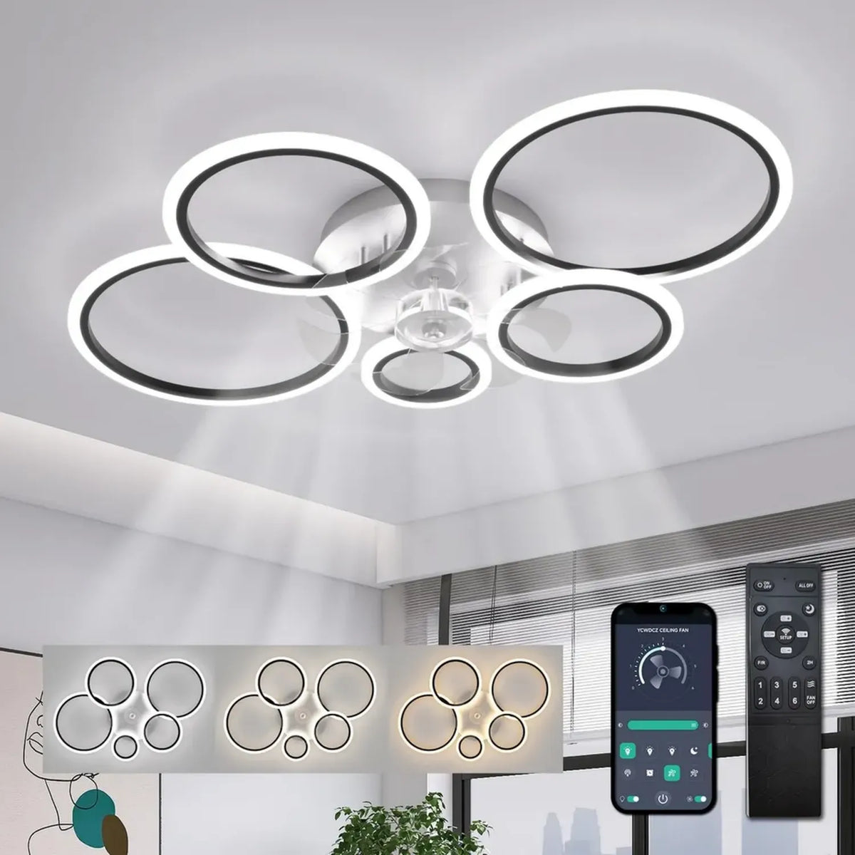 Ventilatore da Soffitto Moderno con Luce e Telecomando, 100cm, Motore Silenzioso Reversibile DC, Modalità Estate/Inverno, Design Nero per Soggiorno e Cucina