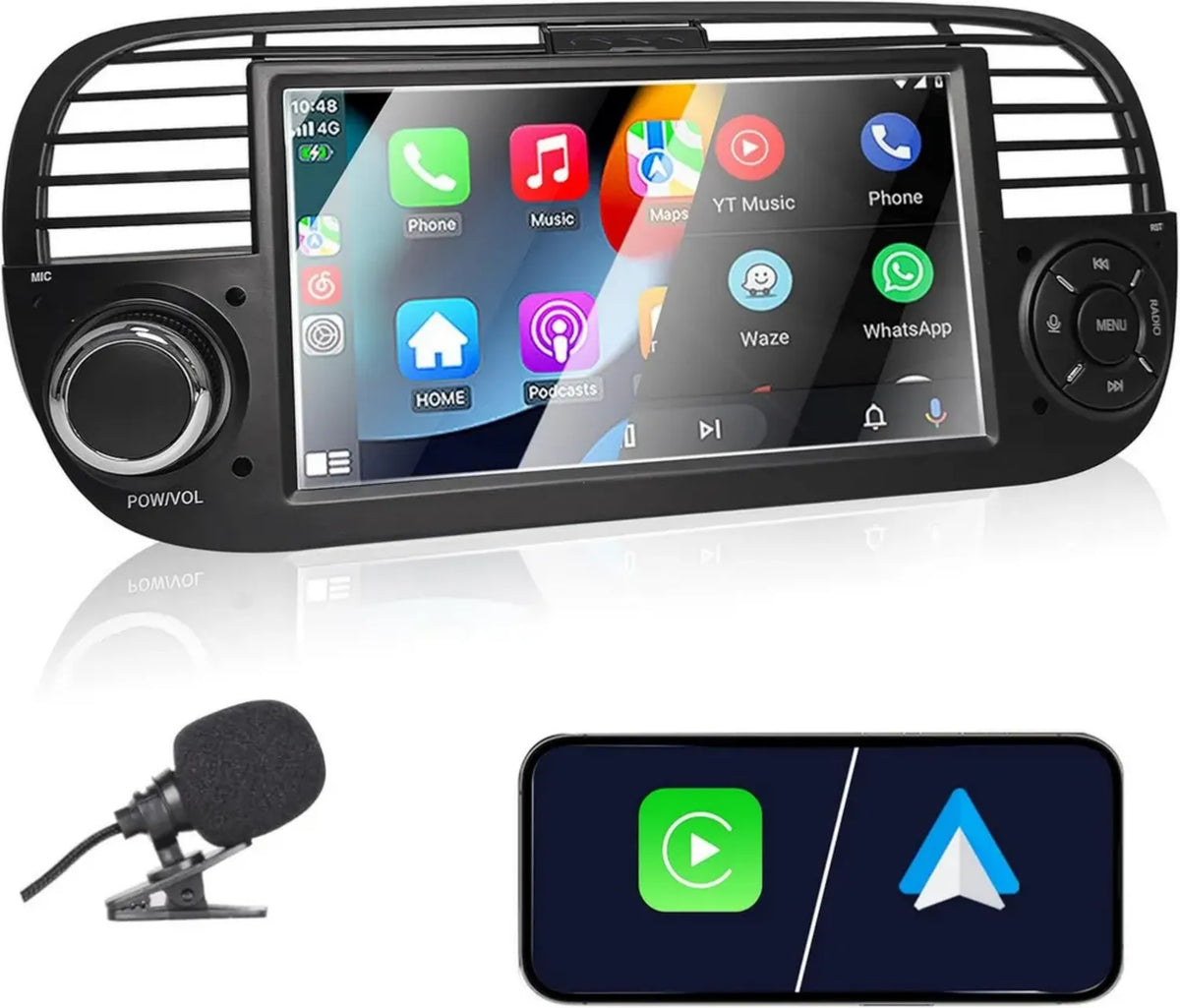 Sistema multimediale 7 pollici per Fiat 500 2007-2015, compatibile Carplay e Android Auto, con Bluetooth, USB e Mirror Link